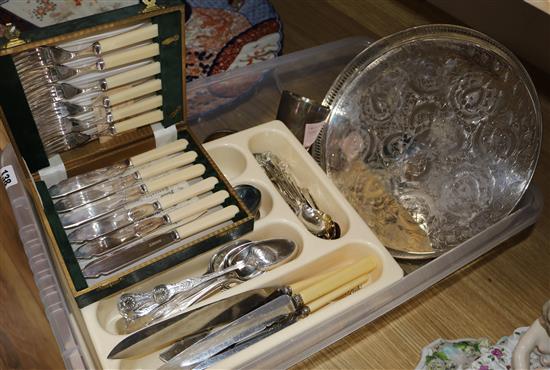 Assorted silver plated cutlery and other plated items.